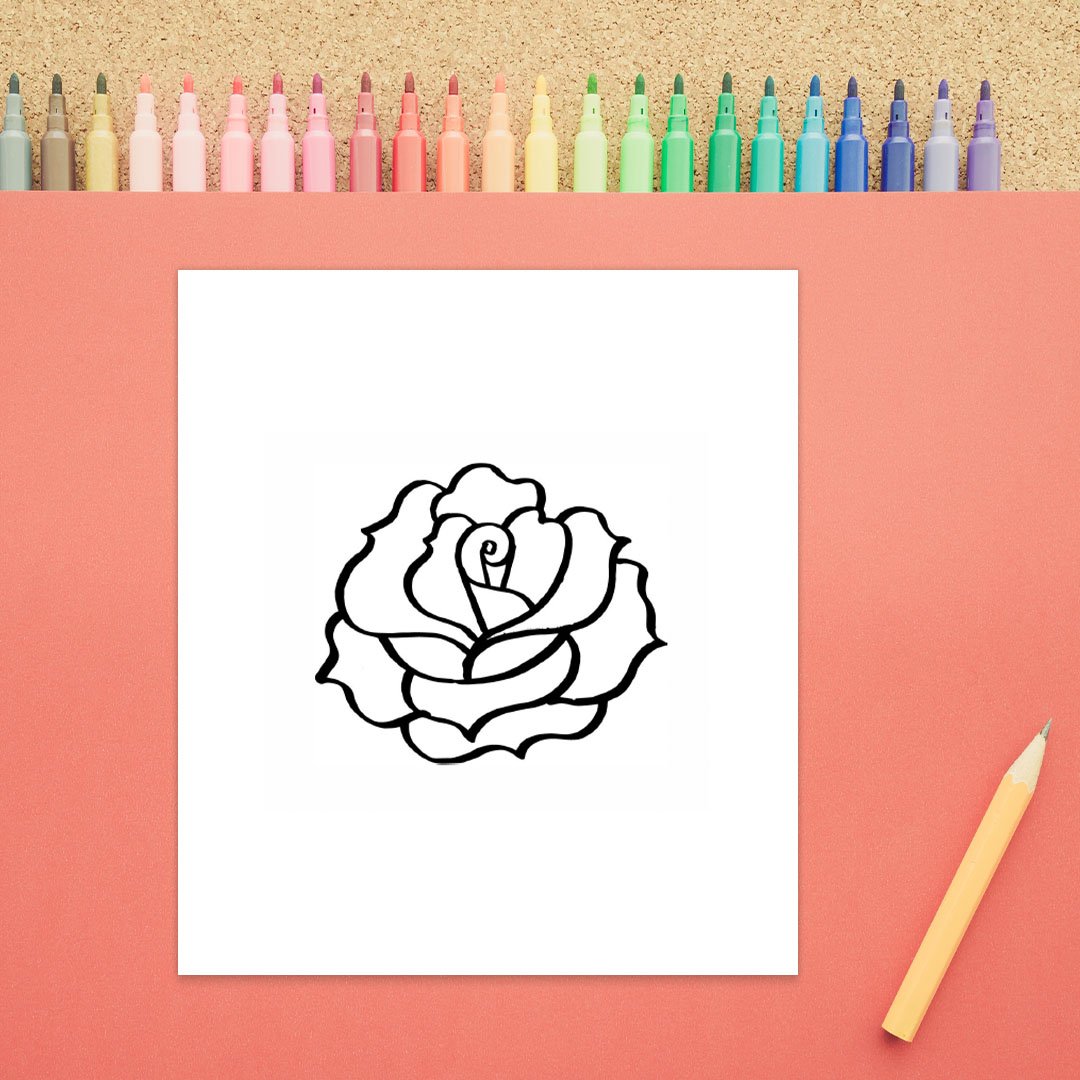 How to Draw a Rose 5 with rose at the top and shows a step underneath in black marker on white paper.