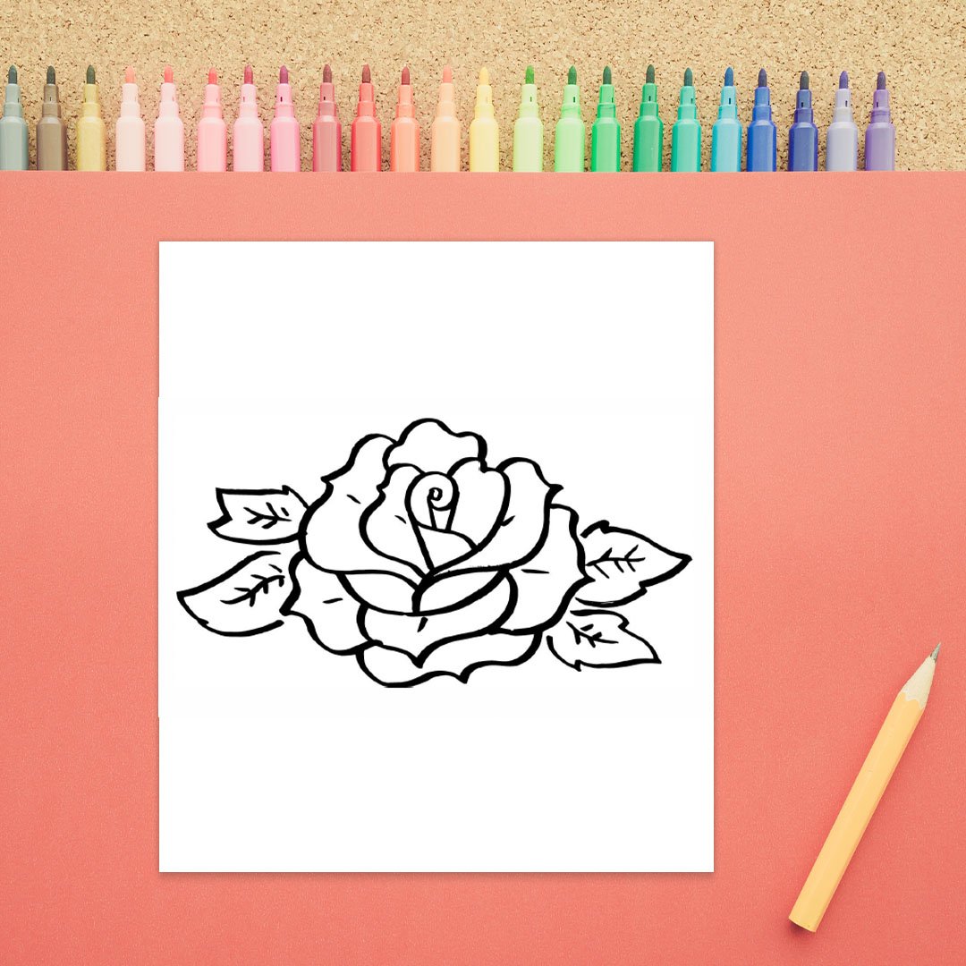 How to Draw a Rose 6 with rose at the top and shows a step underneath in black marker on white paper.