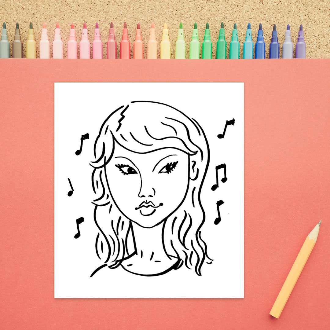 A drawing of a woman's face is shown in black marker on a white background. There are almond shaped eyes, a nose, a mouth, eyebrows, and long wavy hair. There are also musical notes all around her head.