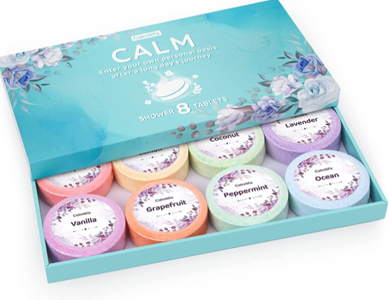 Shower steamers in a blue box labelled CALM