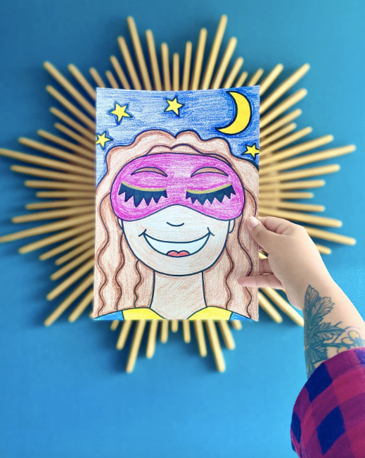 A colorful illustration of a girl wearing a bright pink sleep mask 