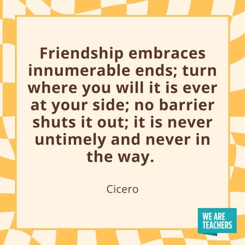 Friendship embraces innumerable ends; turn where you will it is ever at your side; no barrier shuts it out; it is never untimely and never in the way. —Cicero