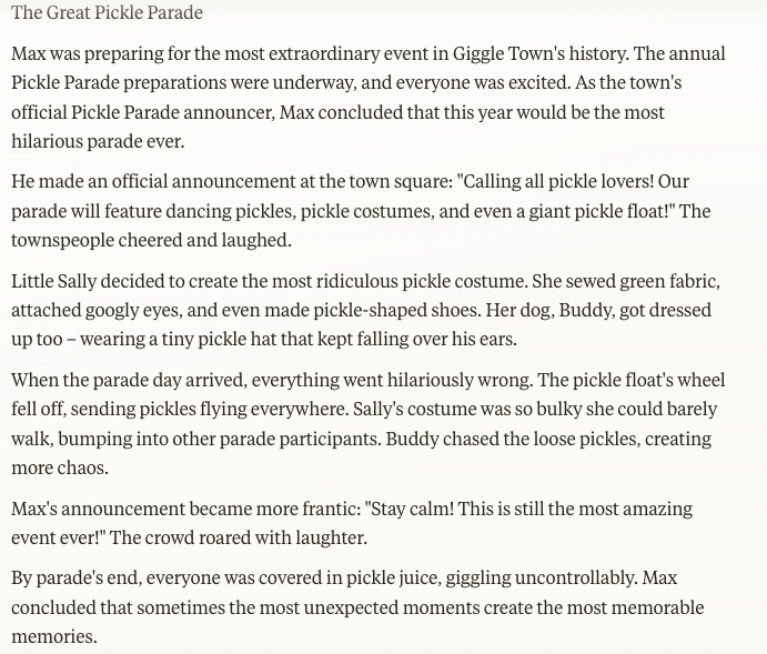 Story text about a pickle parade as an example of an AI-generated story using specific vocabulary words