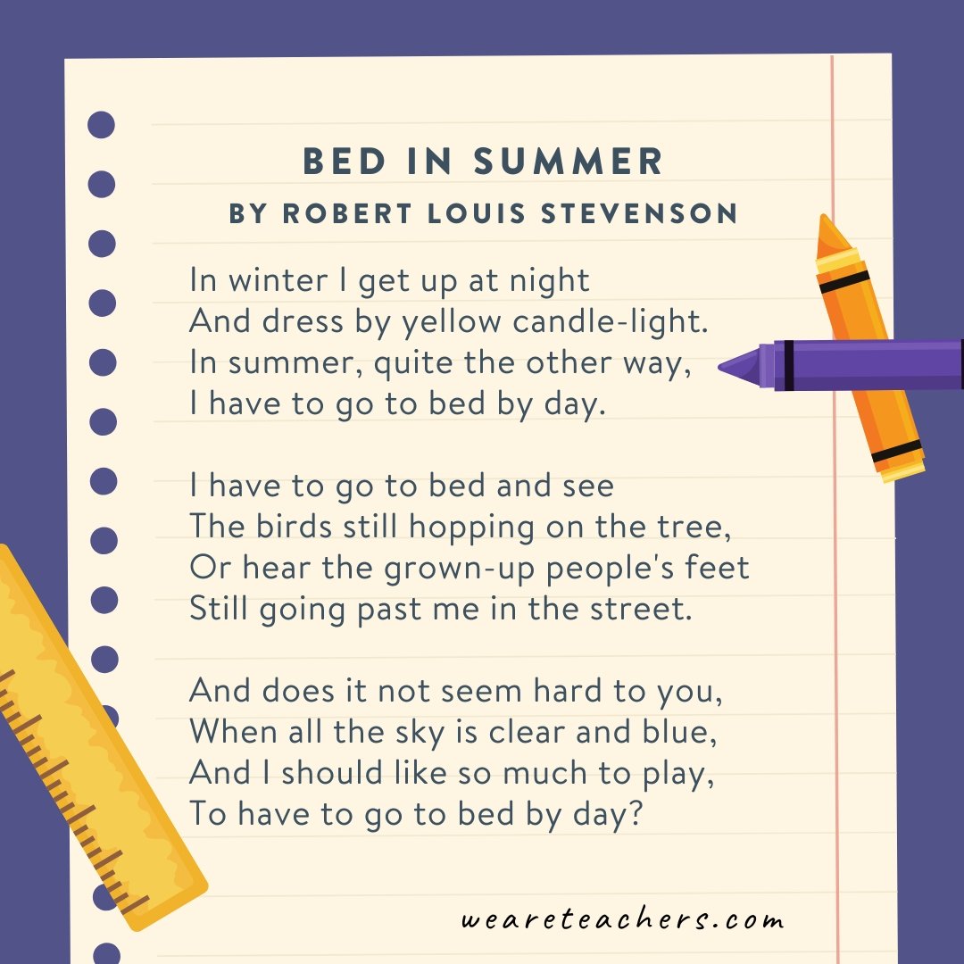 Bed in Summer by Robert Louis Stevenson, poems for 1st graders 