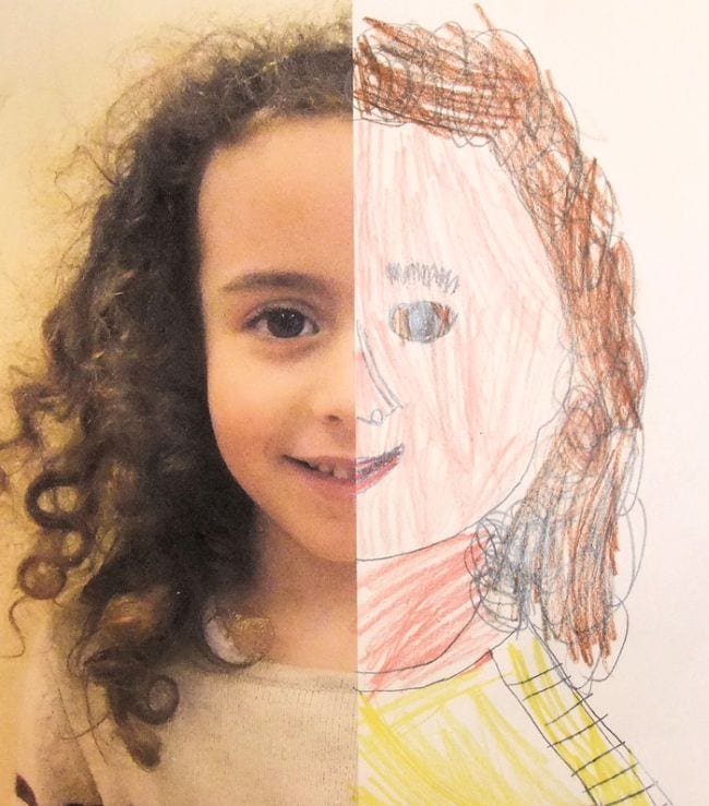 A piece of art is shown that shows the left side as a photo of a child and the right side as a drawing of the other half of the photo in this example of kindergarten art projects.