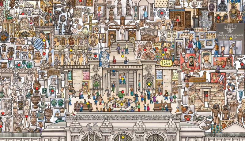 A cartoon image of the Metropolitan Museum of Art in NYC as an example of best virtual field trips for kids 