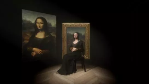 An image of the Mona Lisa sitting in front of the painting of Mona Lisa
