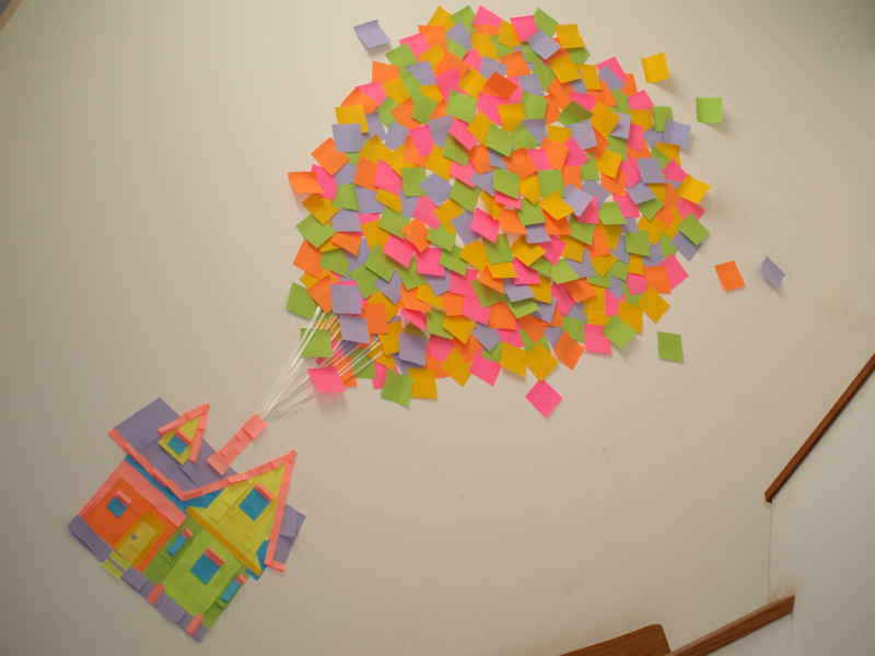 The house from the Disney movie UP recreated in pixelated form with sticky notes