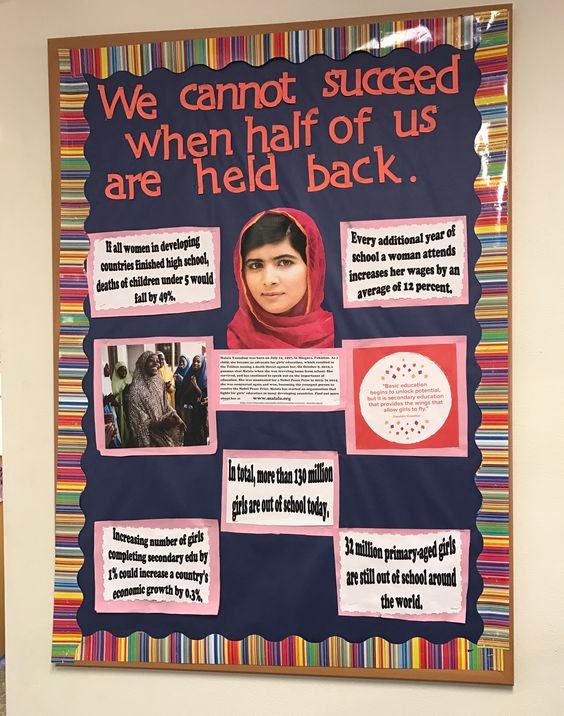Bulletin board featuring Malala Yousafzai for Women's History Month