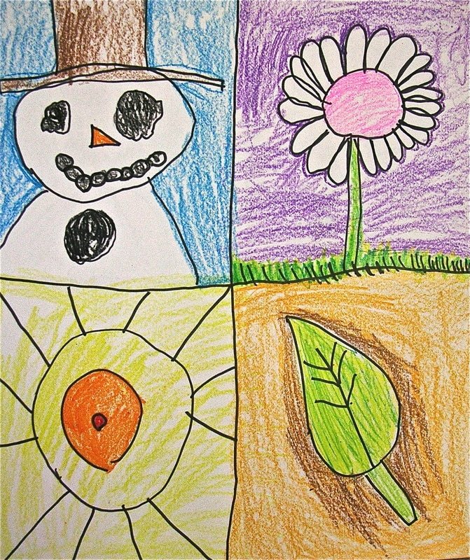 Paper divided into four sections, each with a different kindergarten crayon drawing illustrating one of the four seasons