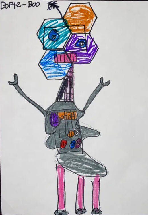 Child's drawing of a robot made with various geometric shapes