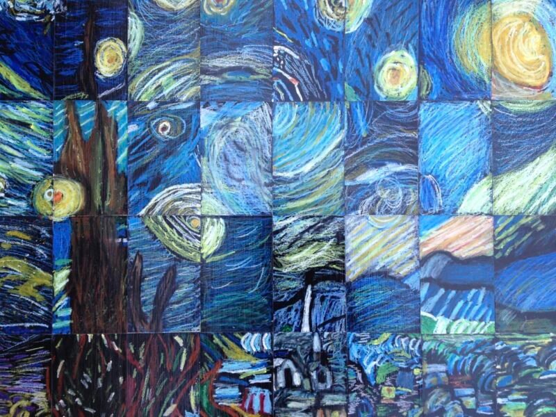 Recreation of Van Gogh's Starry Night using individual created paper mosaic tiles