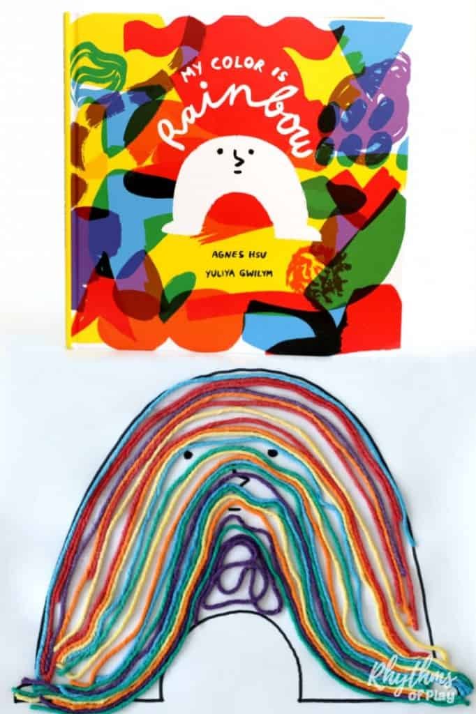 Book and rainbow made from yarn scraps