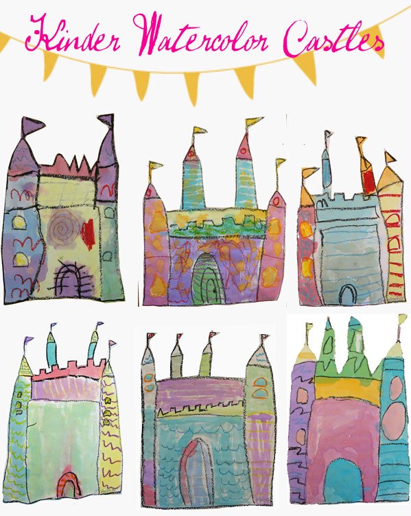 Six different drawings of castles are filled in with watercolor paint in this example of kindergarten art projects.