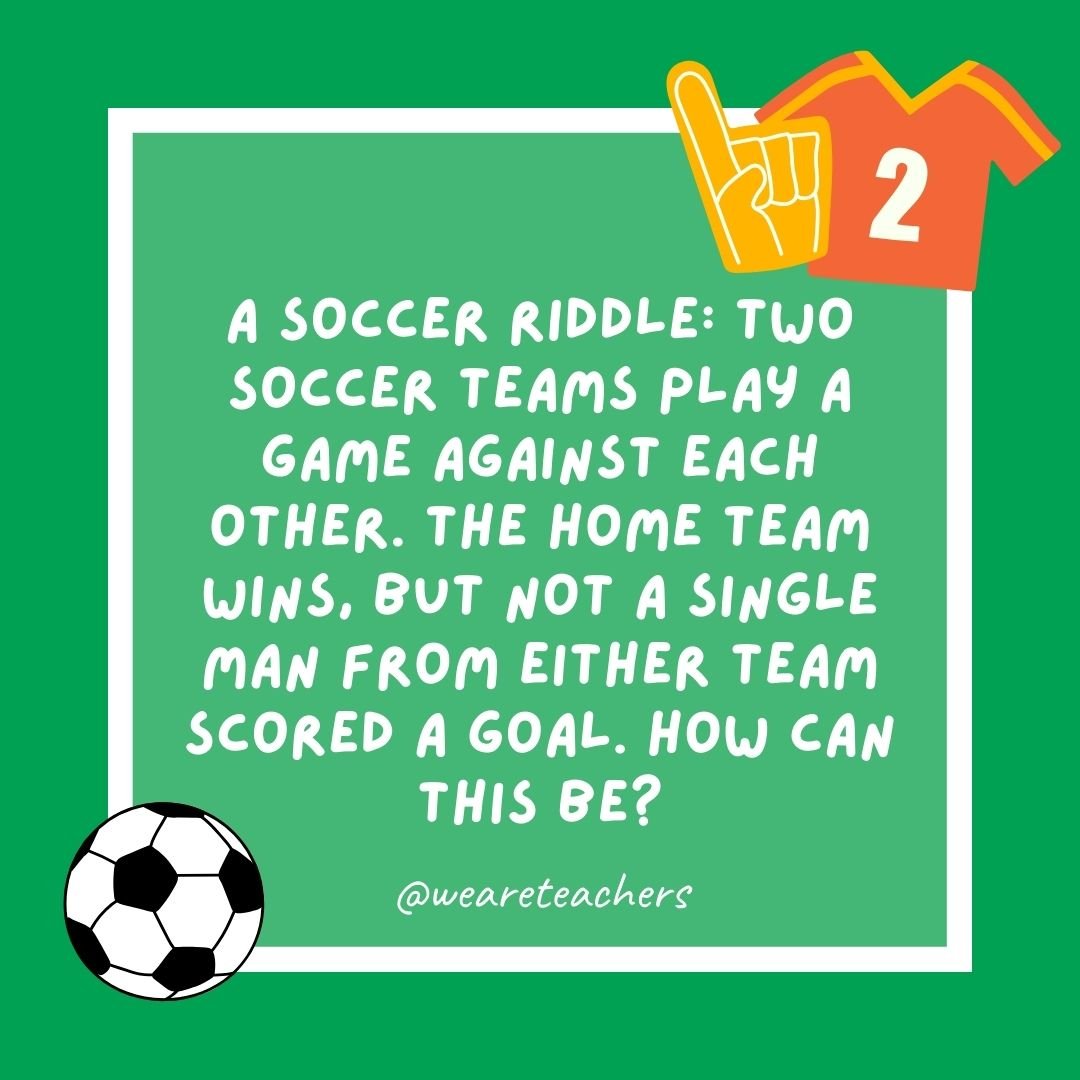 A soccer riddle: Two soccer teams play a game against each other. The home team wins, but not a single man from either team scored a goal. How can this be?
