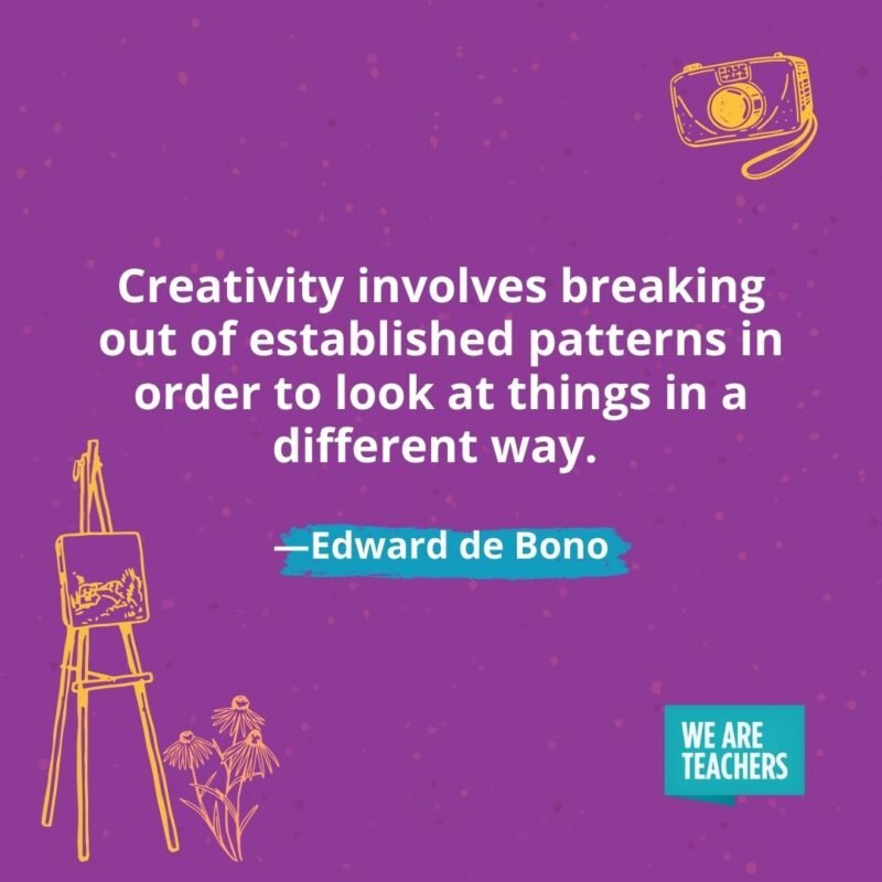 Creativity involves breaking out of established patterns in order to look at things in a different way. —Edward de Bono Creativity involves breaking out of established patterns in order to look at things in a different way. —Edward de Bono