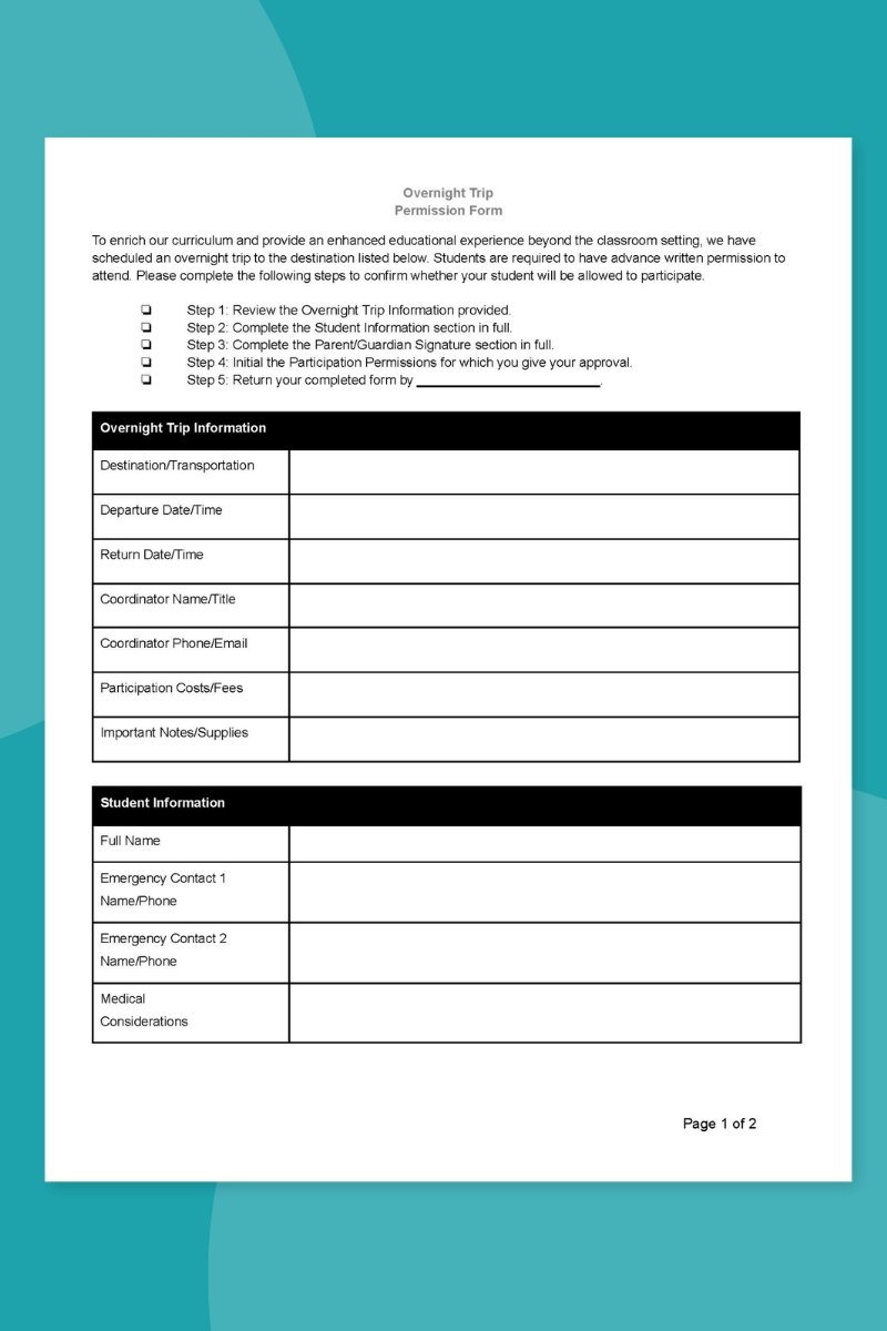 Overnight Field Trip Permission Slip