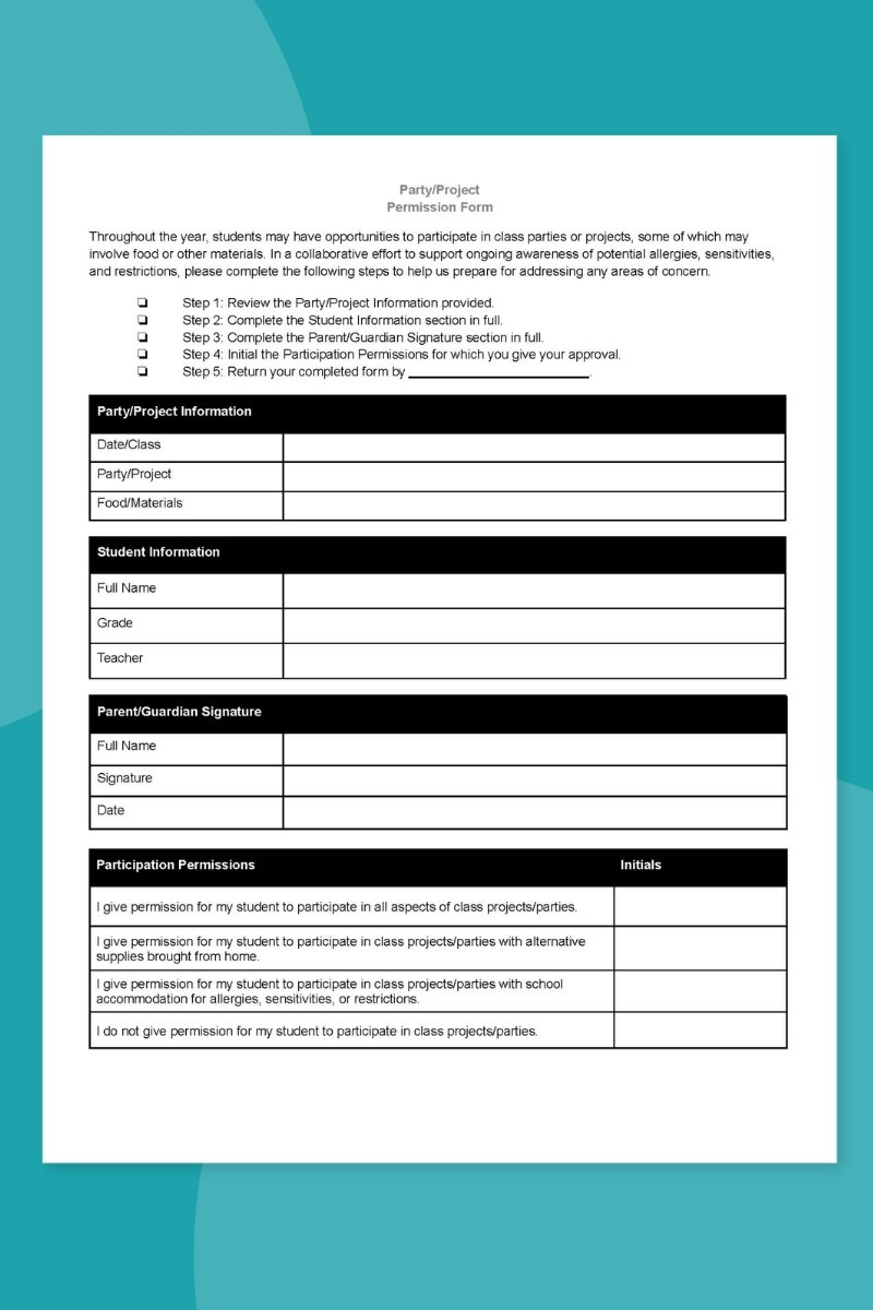 Class Party or Project Permission Slip