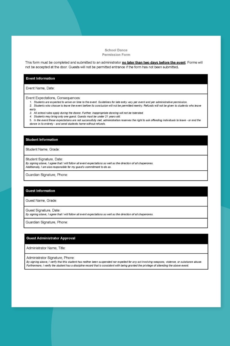 School Dance Permission Slip