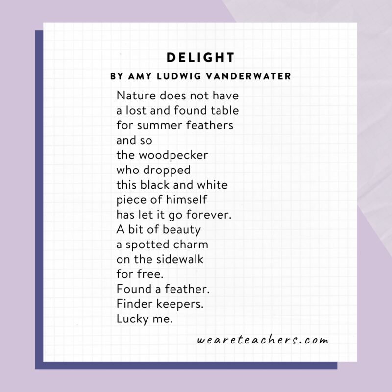 Delight by Amy Ludwig VanDerwater. as an example of free verse poems.