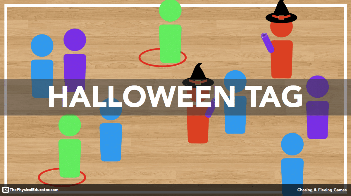 A graphic shows neon stick people standing in hula hoops and some have witch hats on. Text reads Halloween Tag as an example of elementary PE games