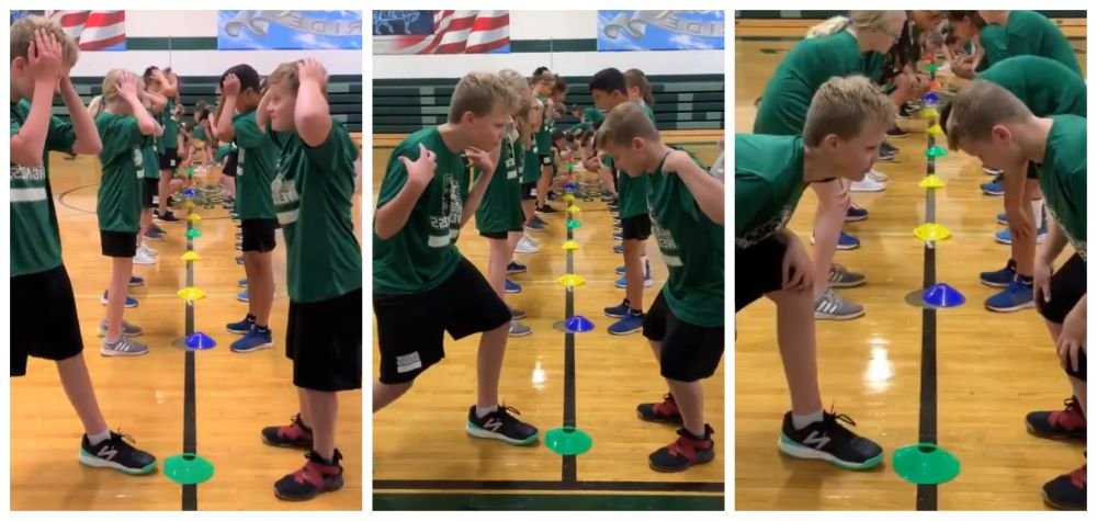 Three photos show students lined up on a line of cones in a gymnasium as an example of elementary PE games