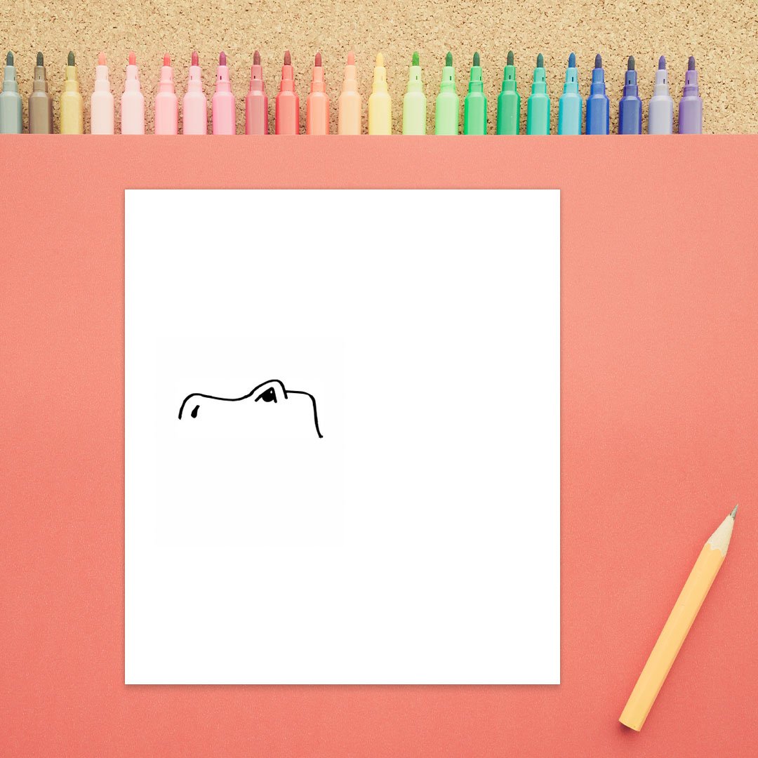 The outline of the top of a dinosaur's head is shown. There is an eye and a long nose in this second step of how to draw a dinosaur.