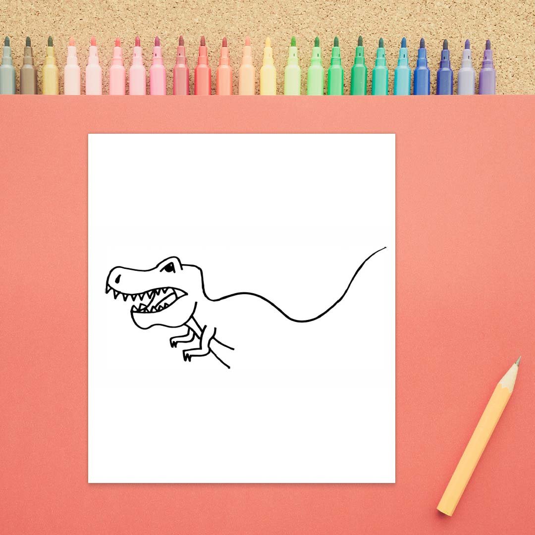 A tyrannosaurus rex head is shown with two small front arms and the beginning of the tail.  