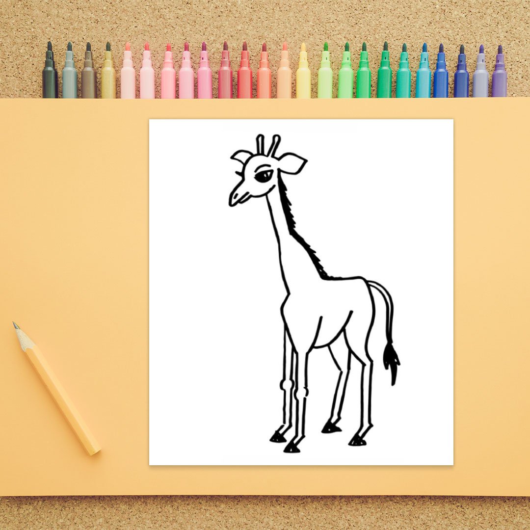 The outline of a profile view of a giraffe is shown. A tail has been added in this step.