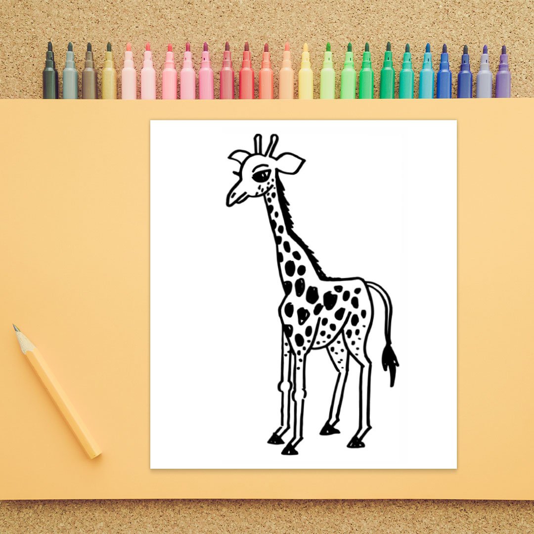 A profile view of a giraffe is shown. It has spots all over and fur running down the back of the head and neck.