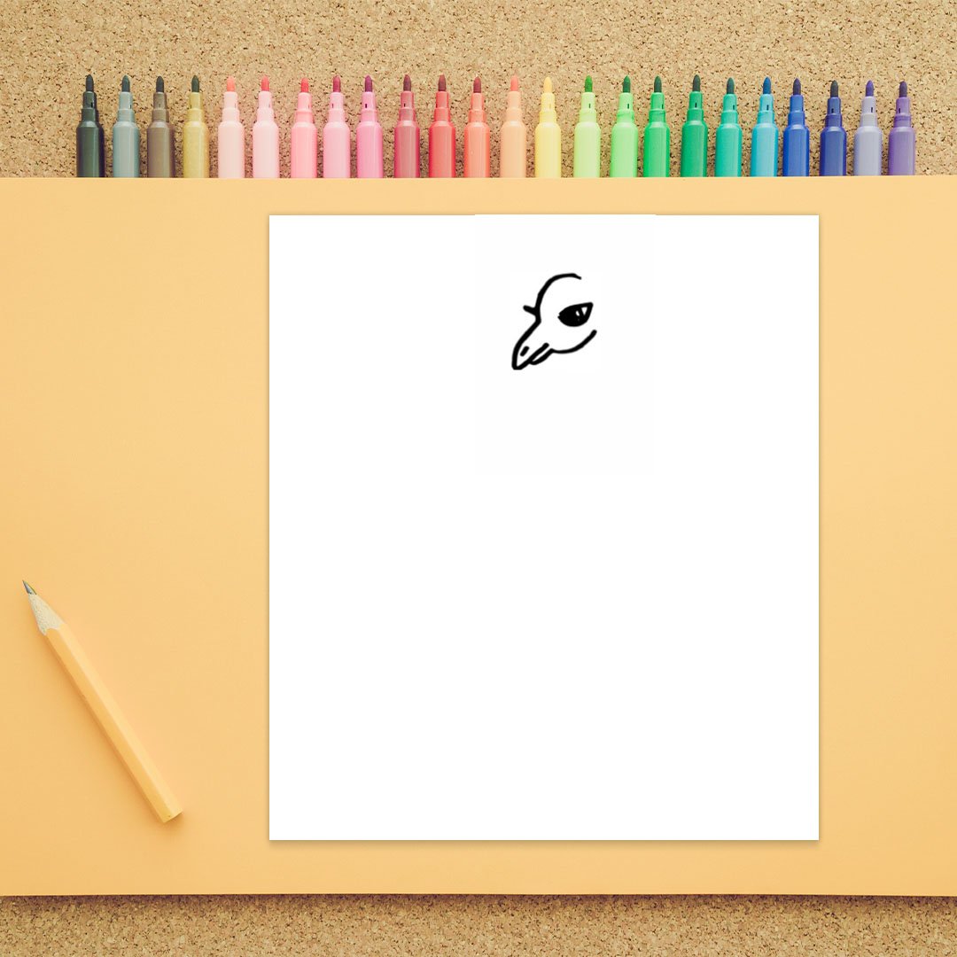 The beginnings of a head are shown. It is a half circle with a pointy beak like nose in this second step of how to draw a giraffe. An eye has been added.