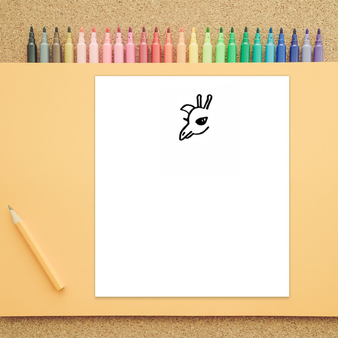 A giraffe's head is shown. There is an eye, eyebrow, beak like nose, and one ear in this third step of How to Draw a Giraffe.