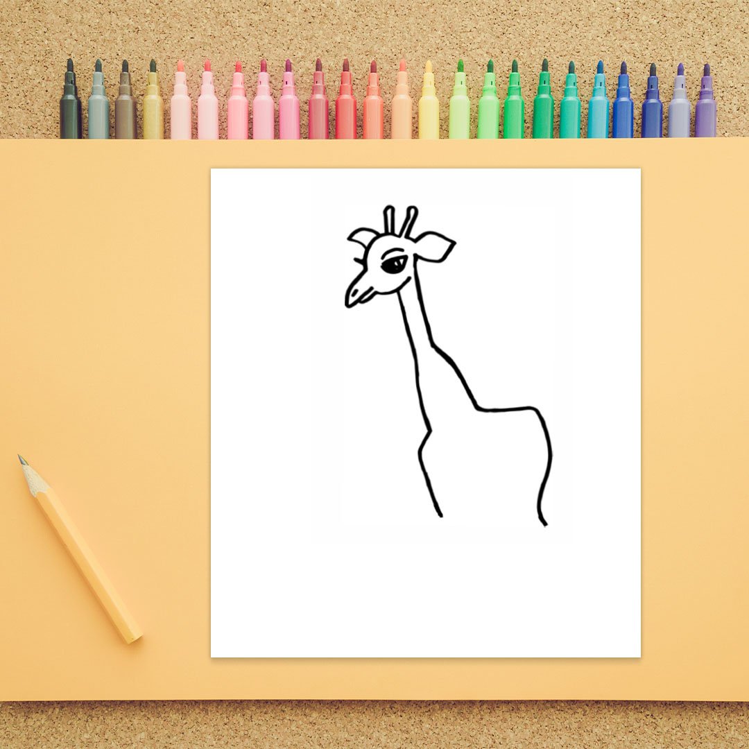 A profile view of a giraffe's head is shown with a neck and the top half of a body. 