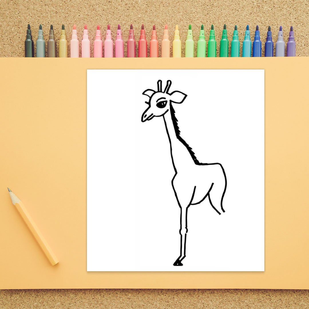 The profile view of a giraffe is shown. There is a head, upper body, and front leg. Fur runs down the back of the head and neck in this eighth step of how to draw a giraffe.