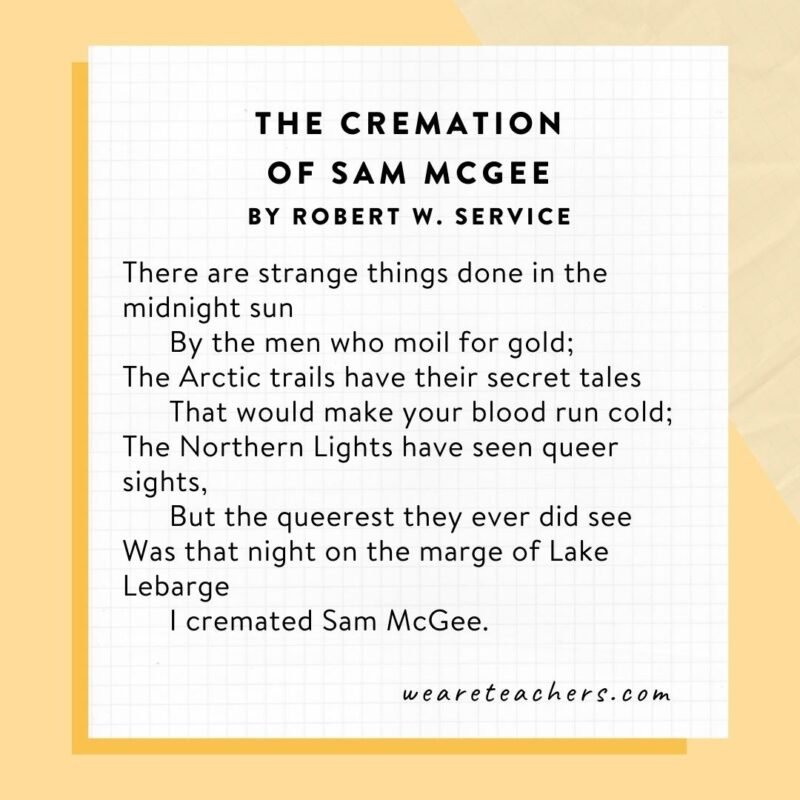The Cremation of Sam McGee by Robert W. Service for poems for middle school 