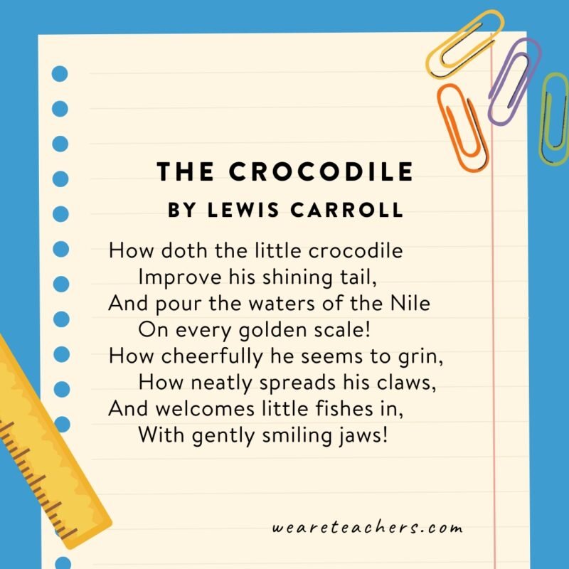 Short poems for kids include The Crocodile by Lewis Carroll.