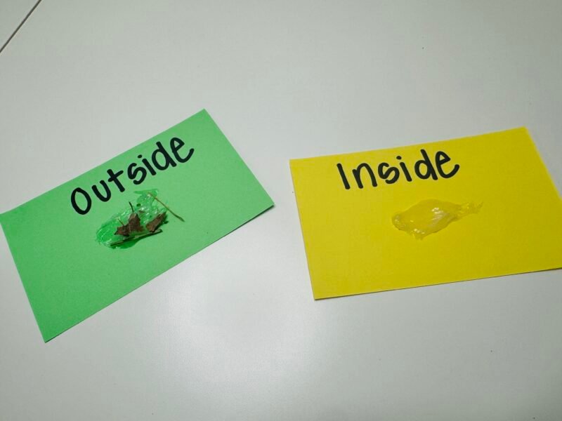 Two notecards labeled inside and outside, with some dirt on each