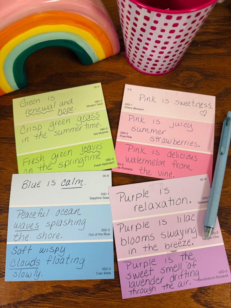 Paint sample chip in shades of colors with descriptive sentences about the colors