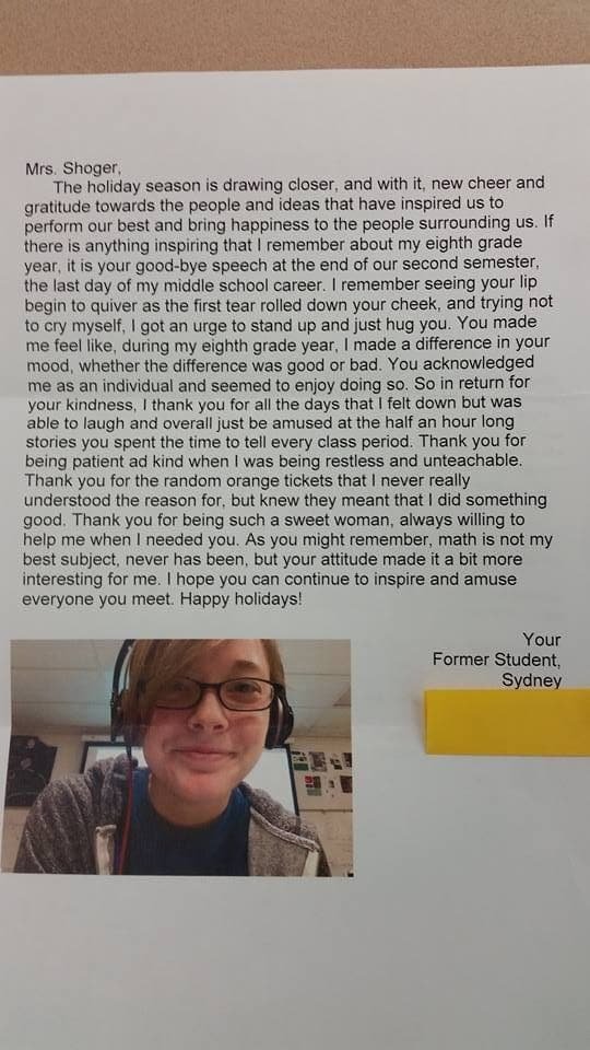 Thank you note to teacher for the random orange tickets that I never really understood the reason for, but knew they meant I did something good.