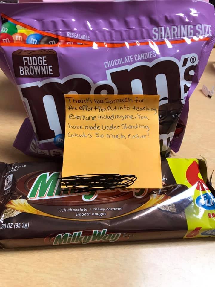 M&Ms and a sticky note for a thank you note to teacher