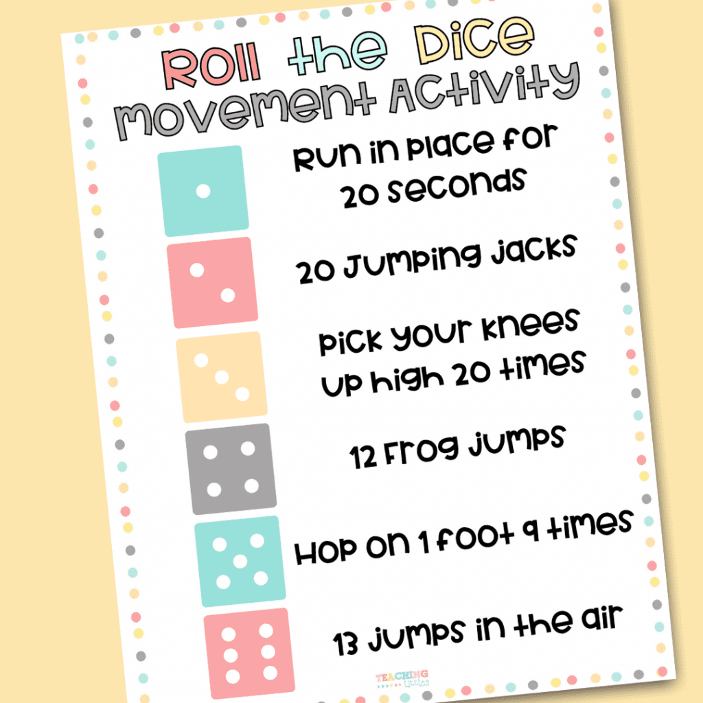 A colorful poster that explains the directions for a PE game using dice as an example of elementary PE games