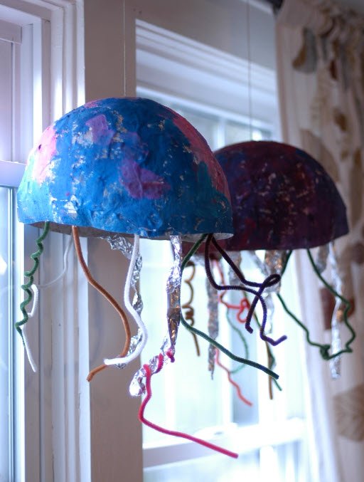 Jellyfish made from a Papier-mâché bowl with pipe cleaner tentacles