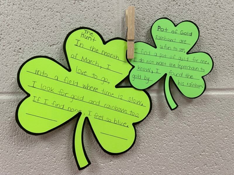 Shamrock papers with poems written on them- St. Patrick's Day activities