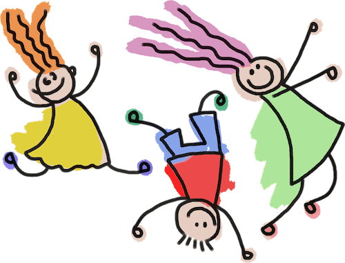 A colorful graphic of three children playing tag