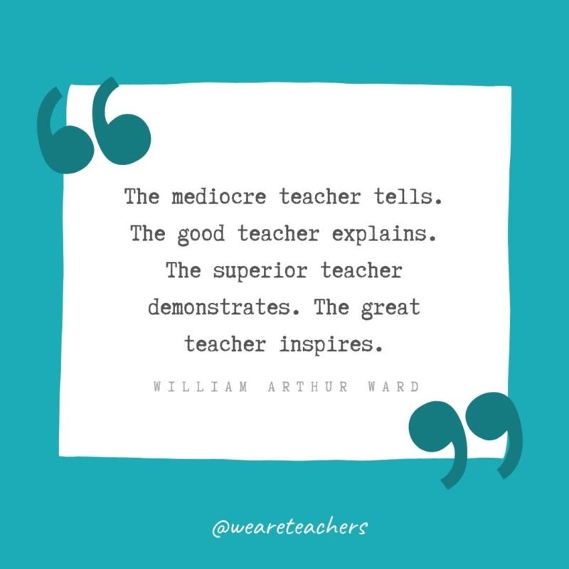 The mediocre teacher tells. The good teacher explains. The superior teacher demonstrates. The great teacher inspires. —William Arthur Ward- Teacher Appreciation Quotes