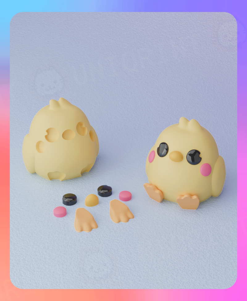 Two little 3D printed chicks are shown. One is complete and one has openings for a beak, eyes, and cheeks. Those pieces are laying on the ground in front of it.