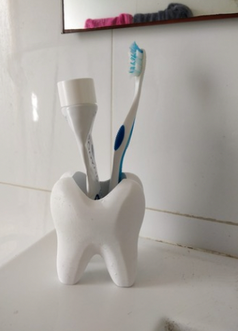 Toothbrush holder shaped like a tooth holding two toothbrushes