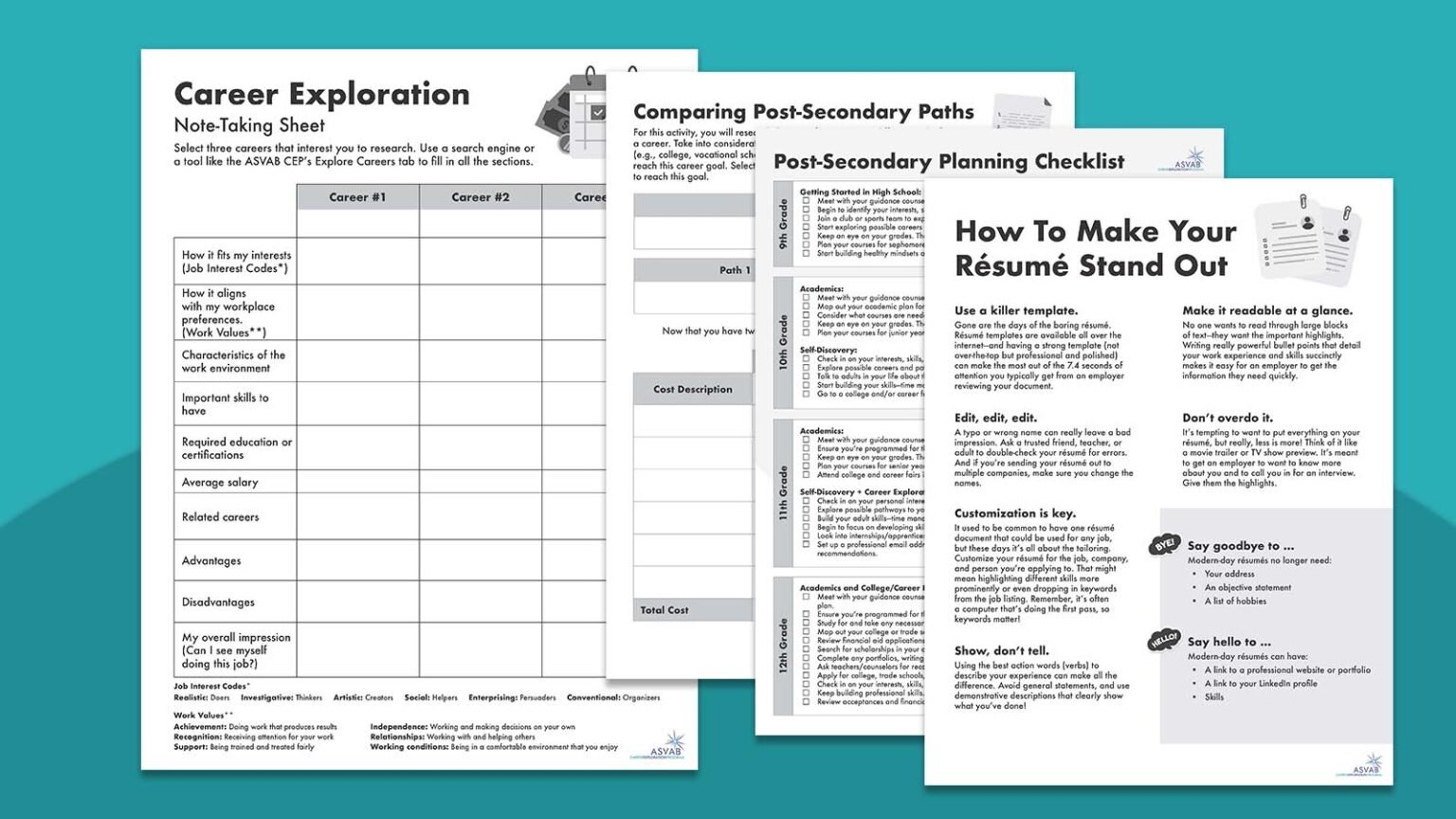 An image shows several career exploration worksheets on it.