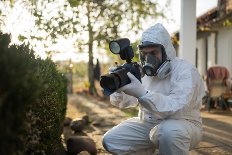 Male forensic scientist photographing evidence in the bush at crime scene outdoors.