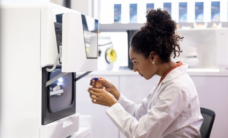 health engineer bioprinting models at a 3D laboratory - healthcare and medicine concepts